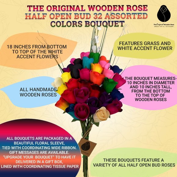 32 Assorted Half Open Bud Wooden Rose Bouquet. The Original Wooden Rose - Picture 3 of 9